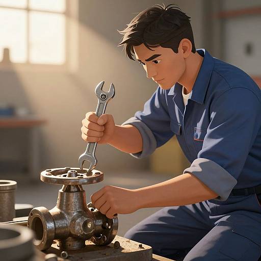 Photorealistic CGI of a focused young mechanic in blue overalls, using a wrench to assemble a metal component in a sunlit workshop.