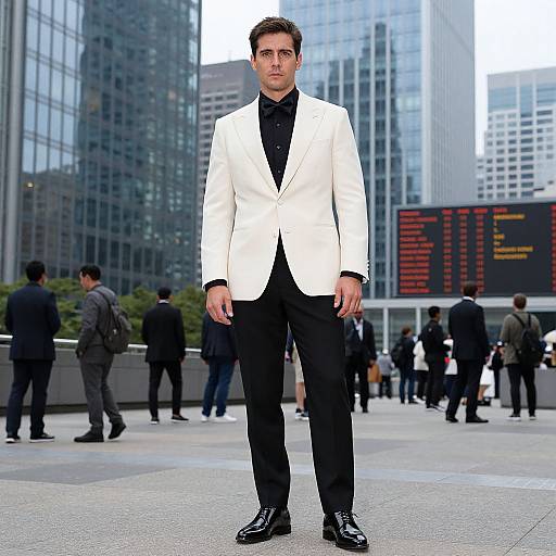 Confident Man in Ivory Tuxedo Amid Skyscrapers