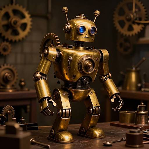 Photorealistic CGI of a golden, blue-eyed robot with antennae, standing in a dimly-lit, steampunk workshop with large gears