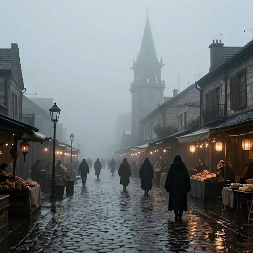 Photograph of a misty, cobblestone market street with illuminated stalls, people in dark coats, and a distant, fog-covered, pointed church