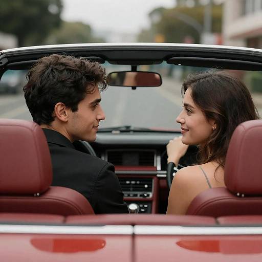 Couple Facing Each Other in Red Convertible