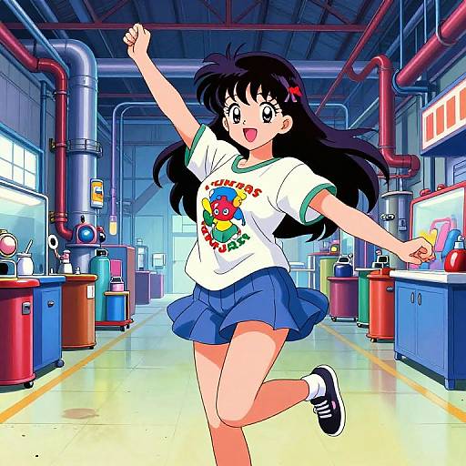 Anime-style illustration of a cheerful girl with long black hair, wearing a white 