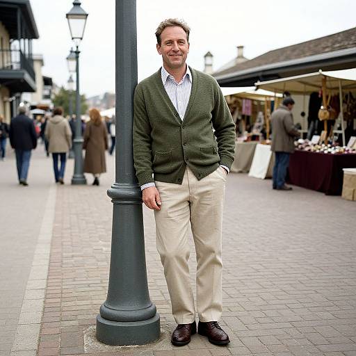 Photograph of a middle-aged man with light skin, brown hair, green cardigan, white shirt, beige pants, and brown shoes, standing by