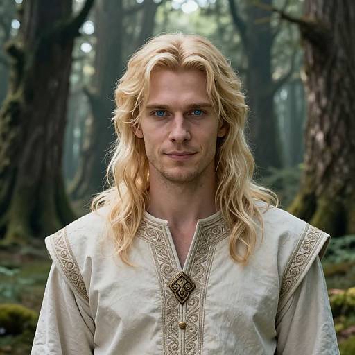 Photorealistic CGI of a blonde, blue-eyed man with long hair wearing an ornate white medieval tunic in a misty forest.