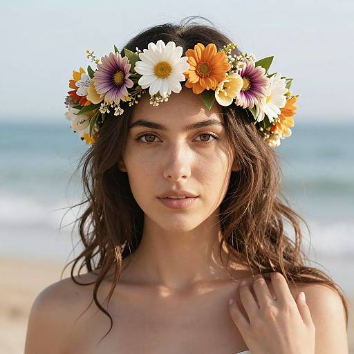 Photograph of a young woman with wavy brown hair, wearing a colorful flower crown, standing on a sunlit beach, topless.