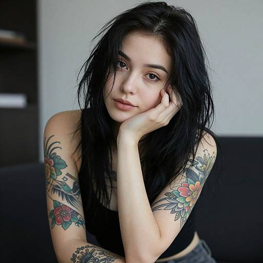 Photograph of a young woman with black hair, fair skin, and colorful tattoos on her arms, wearing a black tank top, resting her head on