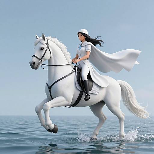 Digital illustration of a black-haired woman in a white riding outfit and helmet, riding a white horse galloping through ocean water under a clear blue sky