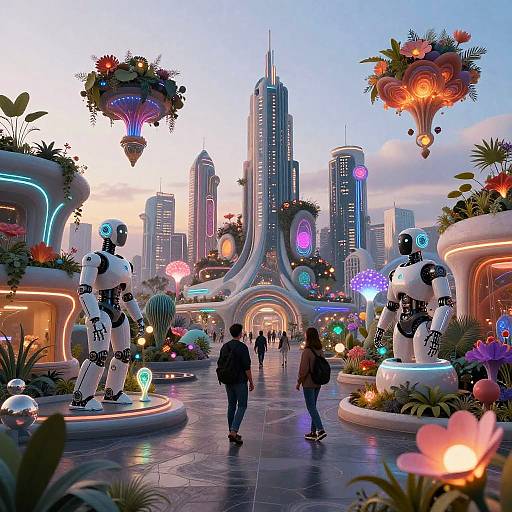 Futuristic Cyber-Organic Cityscape at Dawn