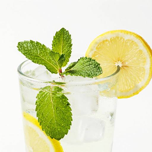 Photograph of a clear glass with fresh, water-dropped green mint leaves and a lemon slice, white background.