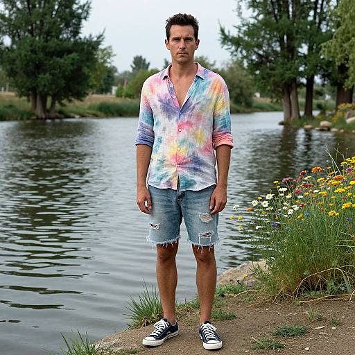 Man in Tie-Dye and Denim by Cypress Trees