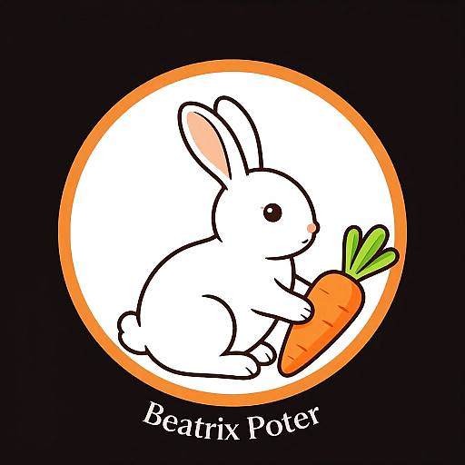 Digital drawing of a white bunny holding a carrot, outlined in black, within an orange-bordered white circle on a black background, with 