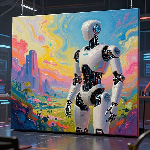 Photograph of a white, futuristic robot standing in front of a vibrant, abstract, digital painting with swirling colors and surreal landscapes.