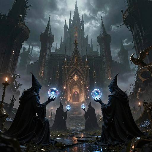 Digital fantasy artwork of dark-robed figures holding glowing blue orbs in front of a gothic, castle-like structure under a stormy sky.