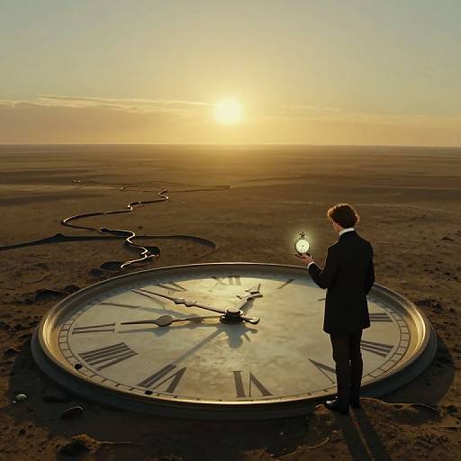 Photograph of a man in a black suit holding a glowing lightbulb, standing beside a massive, outdoor, desert clock face at sunset.