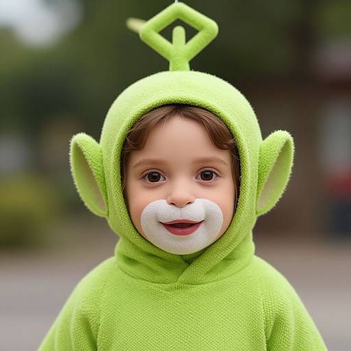 Photograph of a young child with fair skin, brown eyes, and brown hair, wearing a bright green, fuzzy monster costume with pointy ears and