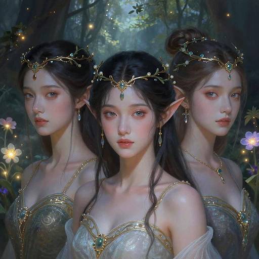 Digital painting of three ethereal, fair-skinned, elf-like women with long black hair, pointed ears, and golden headpieces, wearing translucent,