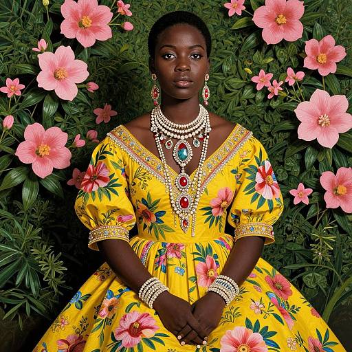 Photograph of a dark-skinned woman in a yellow floral dress, adorned with intricate jewelry, standing amid pink flowers and green foliage, exuding elegance