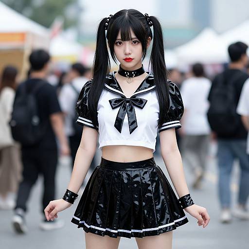 Photograph of an Asian woman with black pigtails, wearing a black and white Lolita outfit, choker, and skirt, standing in a