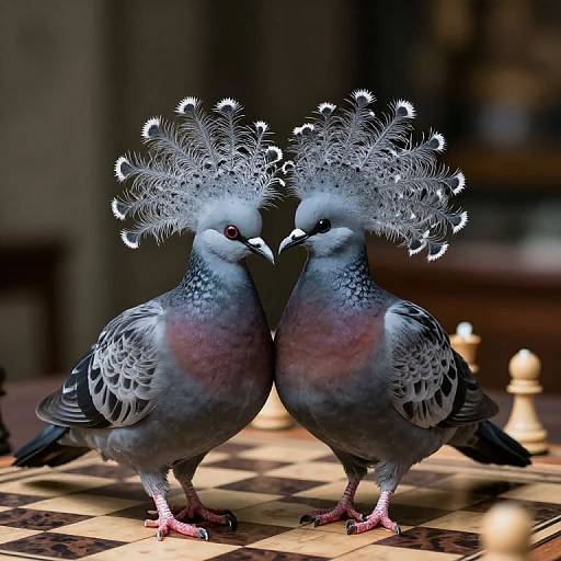 Photograph of two grey pigeons with elaborate, feathery crests standing on a chessboard, facing each other, with blurred chess pieces in