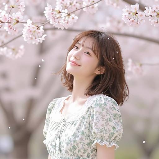 Photograph of a young Asian woman with shoulder-length brown hair, wearing a white floral dress, standing under blooming cherry blossoms. Soft sunlight filters