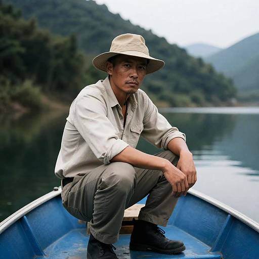Serious Fisherman on a Tranquil Lake