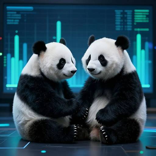 Photograph of two realistic CGI giant pandas sitting facing each other in front of a futuristic, blue-lit computer screen.