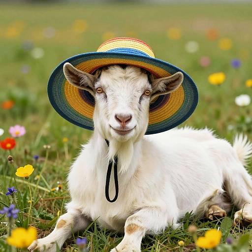Goat in Colorful Sunhat Meadow