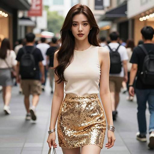 Photograph of an Asian woman with long brown hair, wearing a white sleeveless top and gold sequin skirt, standing in a bustling urban street with