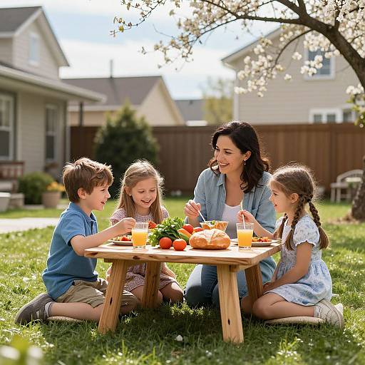 Photograph of a smiling mother with dark hair, and three children eating oranges and sandwiches at a wooden table in a sunny backyard with blooming cherry bloss