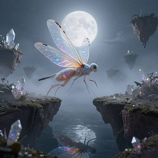 Digital fantasy artwork: A glowing, iridescent dragonfly with translucent wings leaps between two rocky cliffs under a full moon, surrounded by floating crystal islands