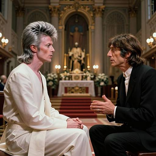 Photograph of two middle-aged men in a grand, ornate church; one in a white robe, the other in a black suit, engaged in