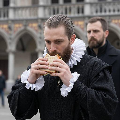 Bearded Noble Eating Sandwich in Robes