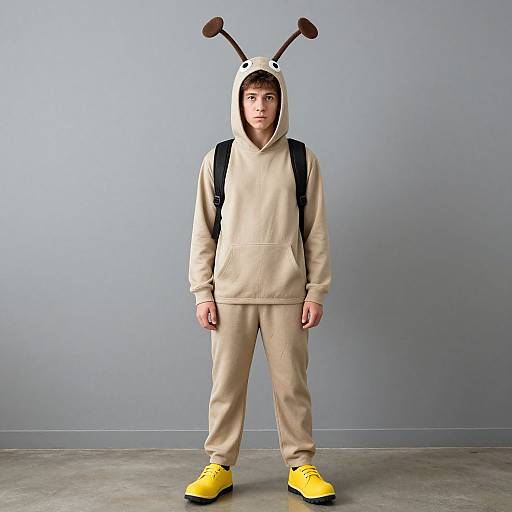 Photograph of a young boy wearing a beige alien onesie with ant-like antennae, black backpack, and bright yellow sneakers, standing against a plain