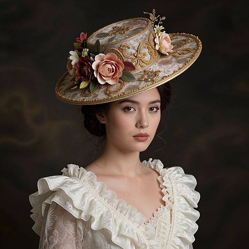Ornate Floral Hat and Ruffled Dress