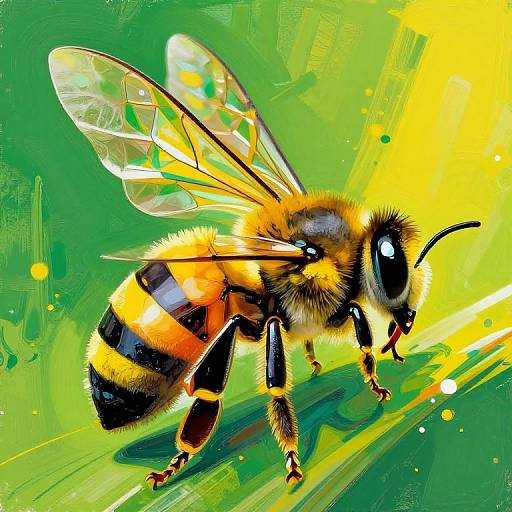 Vibrant digital illustration of a bee with detailed, translucent wings and yellow-black striped abdomen, set against a bright green, abstract background.