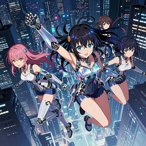 Digital anime artwork of four cybernetic, armored women with vibrant hair flying above a neon-lit cityscape, wielding glowing weapons.