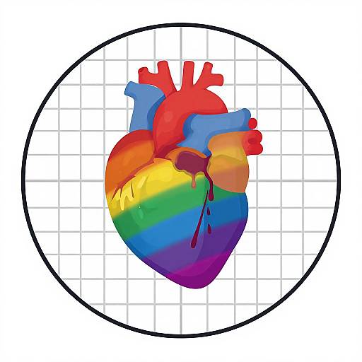 Digital illustration of a colorful, rainbow-striped human heart within a black circle on a white grid background.