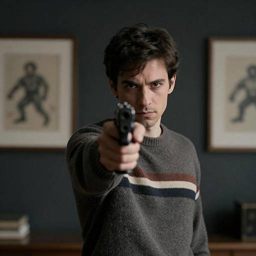 Intense Man with Gun in Dark Room