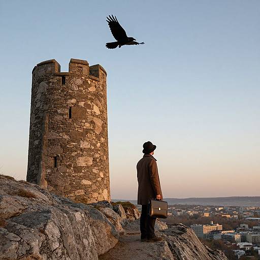 Photograph of a man in a brown coat and hat, with briefcase, standing on rocky hill, watching crow fly near stone tower, cityscape