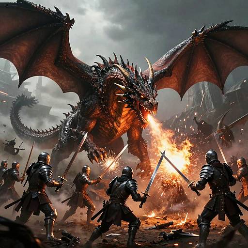 Digital fantasy artwork: Armored knights clash with swords against a massive, fiery, red-scaled dragon in a smoky, battle-scarred landscape