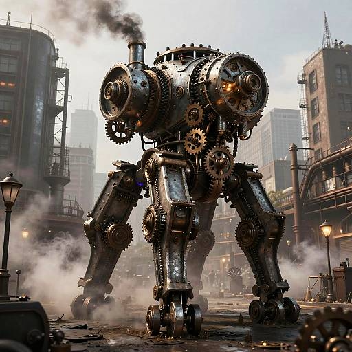 Steampunk Iron Walker in Industrial City