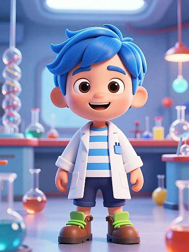 CGI cartoon boy with blue hair, wearing white lab coat, blue-striped shirt, dark shorts, green shoes, standing in colorful lab.