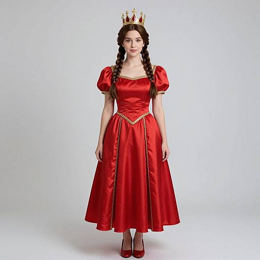 Photograph of a young woman with fair skin, black braided hair, wearing a red satin princess dress, gold-trimmed crown, and red