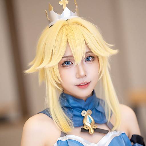 Photograph of a young woman in a blonde cosplay with blue eyes, blue and white outfit, and a white crown, smiling softly in a blurred indoor