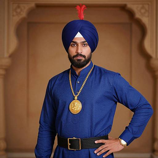Photograph of a bearded Sikh man in a navy blue turban with red feather, matching shirt, gold chain, and medallion, standing