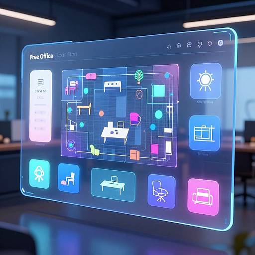 Digital interface displaying a futuristic home automation app with glowing icons and a grid layout, set against a blurred office background.