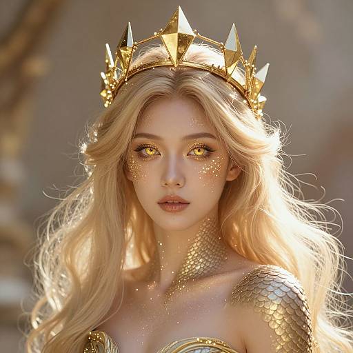 Digital artwork of a blonde, ethereal queen with golden eyes, wearing a spiked crown, gold scales, and glowing makeup, set against a blurred,
