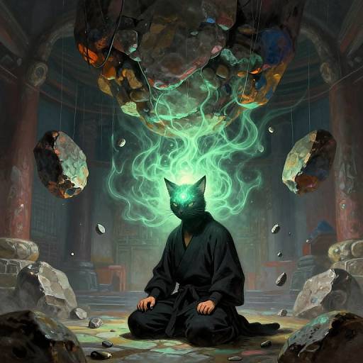Digital artwork of a glowing green-eyed, black-robed cat figure sitting cross-legged amidst a dark, ruined temple with floating rocks and ethereal green flames