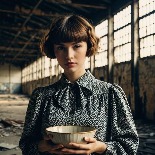Female Model with Wavy Bowl Cut Holding Bowl in Abandoned Warehouse