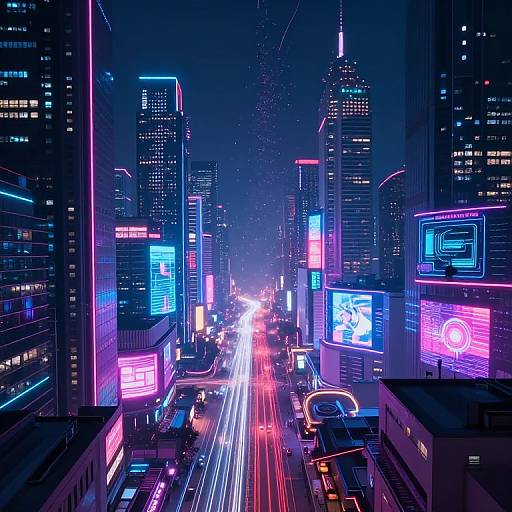 Neon-lit, futuristic cityscape at night with vibrant blue, pink, and purple digital billboards, bright light trails from moving cars, and
